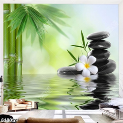 Tranh cây trúc xanh và đá đen treo tường spa