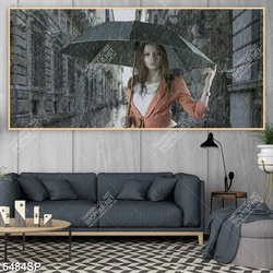 Tranh cô gái trẻ che ô đứng dưới mưa mã số SP5484