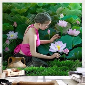 Tranh cô gái trong đầm sen file gốc