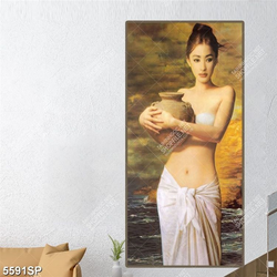 Tranh vẽ thiếu nữ ôm bình gốm in file gốc