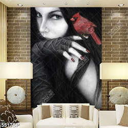 Tranh vẽ chú chim nhỏ đậu trên tay cô gái