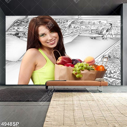 Tranh cô gái cầm túi trái cây tươi
