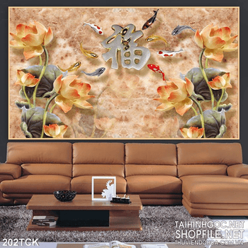 Tranh hoa sen, cá chép giả ngọc tài lộc