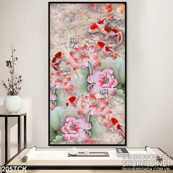 Tranh hoa sen, cá chép giả ngọc đẹp