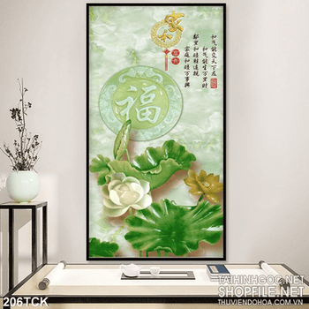 Tranh hoa sen, cá chép giả ngọc thư pháp