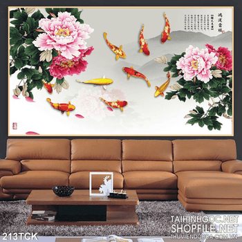 Tranh hoa sen, cá chép và mẫu đơn