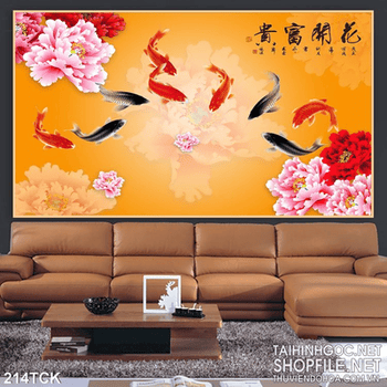 Tranh hoa sen, cá chép quần hội trang trí