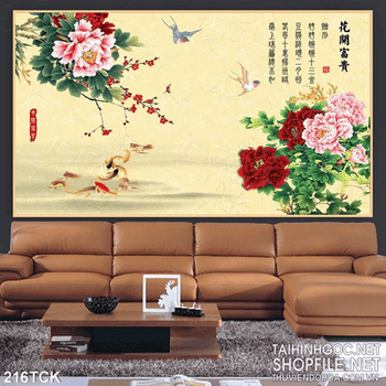 Tranh hoa sen, cá chép và hoa đào