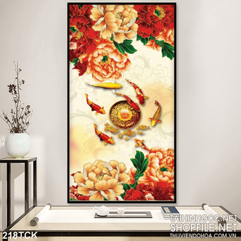 Tranh hoa sen, cá chép quần hội đẹp