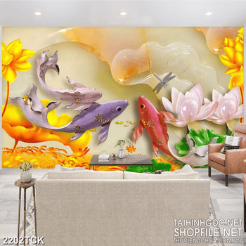 Tranh giả ngọc hoa sen hồng và đàn cá chép xinh đẹp