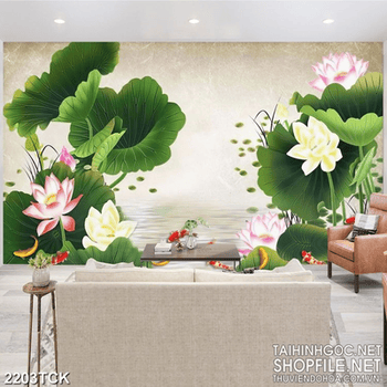 Tranh cá chép và những bông hoa sen khoe sắc in 5d