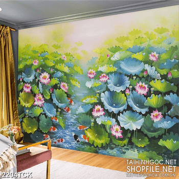 Tranh sơn dầu đầm hoa sen bạt ngàn hoa và lá in tường