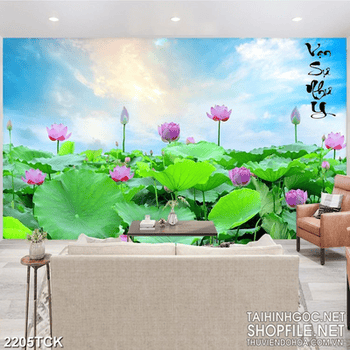Tranh đầm hoa sen khoe sắc dưới bầu trời xanh bao la