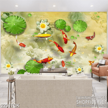 Tranh những bông hoa sen trắng và đàn cá chép vàng