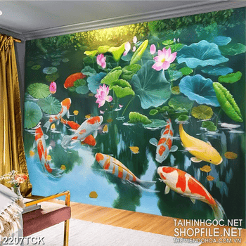 Tranh hồ sen hồng bên đàn cá chép bơi tung tăng sơn dầu