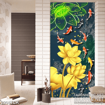 Tranh decor hoa sen vàng và đàn cá chép bơi tung tăng