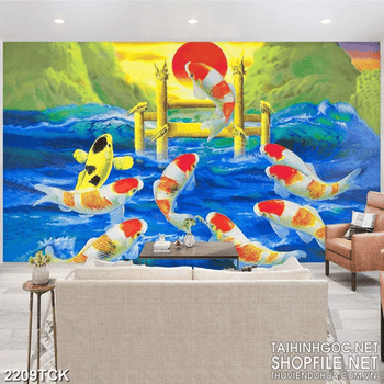 Tranh psd đàn cá chép vượt vũ môn dưới ánh trăng đỏ