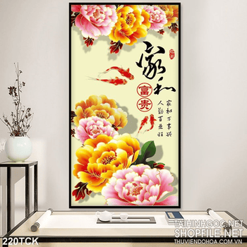 Tranh hoa sen, cá chép thư pháp tranh trí