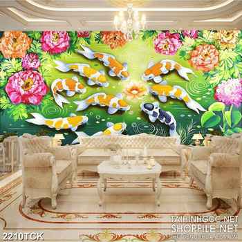 Tranh hồ hoa sen hồng và đàn cá chép vàng trong hồ psd