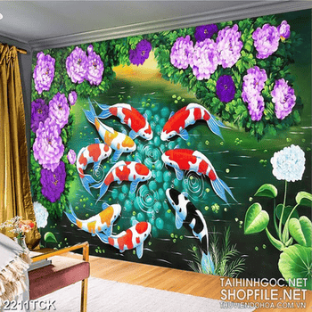 Tranh in uv những bông hoa mẫu đơn tím và đàn cá chép