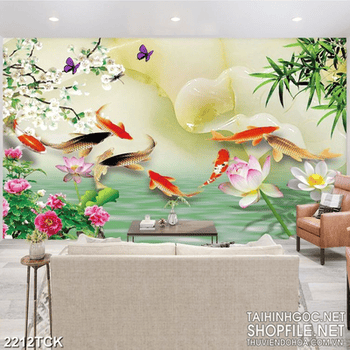 Tranh decor hoa sen và đàn cá chép giả ngọc trong đầm