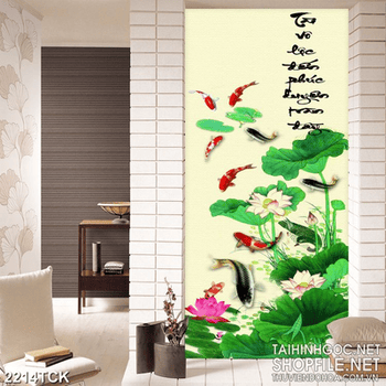 Tranh hồ hoa sen hồng và đàn cá chép nhiều màu psd