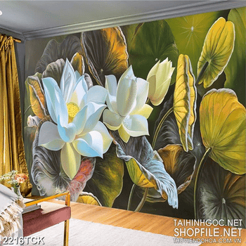 Tranh bông hoa sen trắng và những chiếc lá úa vàng in 3d