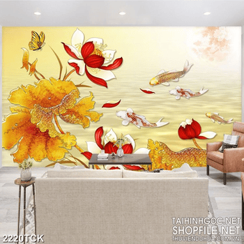 Tranh in tường đầm hoa sen vàng bên đàn cá chép bơi lội