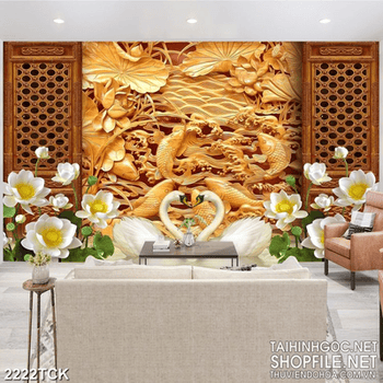 Tranh cá chép điêu khắc gỗ và những bông hoa sen trắng