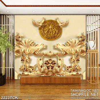Tranh hoa sen cá chép vàng điêu khắc gỗ bên chữ phúc