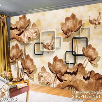 Tranh điêu khắc gỗ những bông sen bên chú chim non