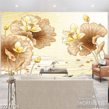 Tranh decor hoa sen vàng trong hồ nước dán tường