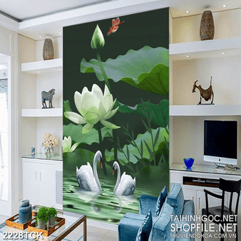 Tranh psd hoa sen trắng trong hồ thiên nga về đêm