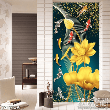 Tranh hồ hoa sen vàng và đàn cá nhiều màu sắc trong đêm