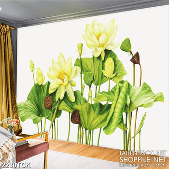 Tranh in uv những bông hoa sen trắng bên lá màu xanh