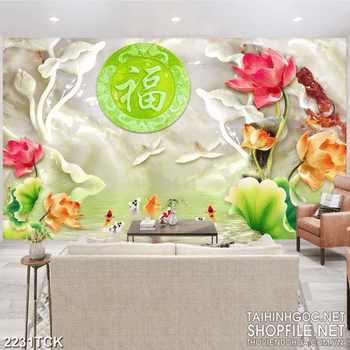 Tranh giả ngọc những bông sen hồng bên đàn cá in 3d