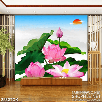 Tranh trang trí những bông hoa sen hồng bên trời xanh