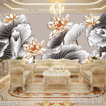 Tranh in canvas bông hoa sen dáp vàng trên nền xám