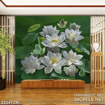 Tranh nghệ thuật những bông hoa sen trắng chen chúc lá