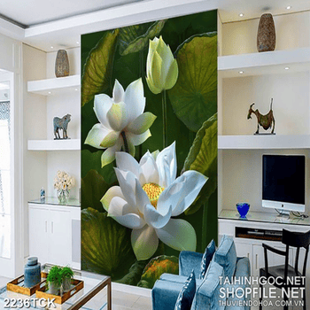 Tranh giả ngọc hoa sen trắng khoe sắc bên những chiếc lá