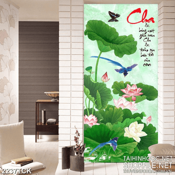 Tranh cá chép bên những bông hoa sen hồng và chim ri