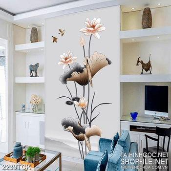 Tranh giả ngọc hồ cá chép bên hoa sen hồng in tường