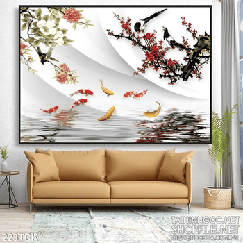 Tranh hoa sen, cá chép và mùa xuân