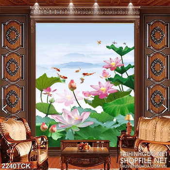 Tranh hồ cá chép phủ đầy những bông hoa sen hồng