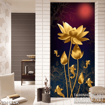 Tranh decor những bông hoa sen vàng trong màn đêm