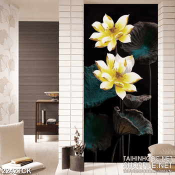 Tranh decor những bông hoa sen vàng trong màn đêm