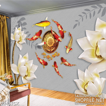 Tranh psd bông hoa sen trắng bên đàn cá chép vàng