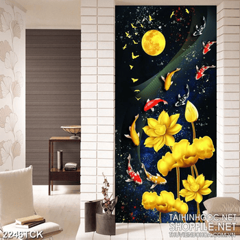 Tranh dáp vàng bông hoa sen lấp lánh trong đêm in 3d