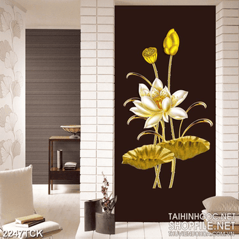 Tranh trang trí hồ hoa sen khoe sắc dưới ánh trăng vàng