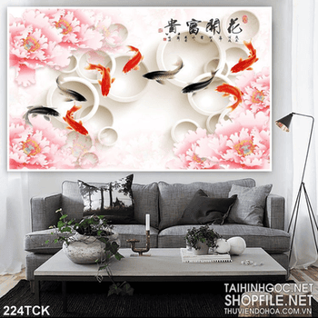 Tranh hoa sen, cá chép phong thủy